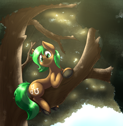 Size: 2600x2665 | Tagged: safe, artist:otakuap, oc, oc only, oc:jaeger sylva, species:earth pony, species:pony, canopy, cute, male, sitting in a tree, smiling, solo, stallion, tree, tree branch, ych result