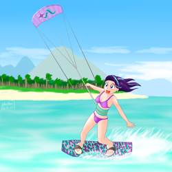 Size: 2000x2000 | Tagged: safe, artist:phallen1, character:starlight glimmer, species:human, newbie artist training grounds, atg 2017, beach, bikini, clothing, cute, female, glimmerbetes, happy, humanized, kite, kite flying, kiteboarding, solo, surfing, swimsuit, that pony sure does love kites