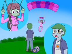 Size: 2000x1500 | Tagged: safe, artist:phallen1, oc, oc only, oc:software patch, oc:windcatcher, newbie artist training grounds, my little pony:equestria girls, atg 2017, clothing, equestria girls-ified, idiot, impending collision, jumpsuit, parachute, patrick star, skydiving, sparkling eyes, spongebob squarepants, wingding eyes