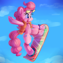 Size: 2000x2000 | Tagged: safe, artist:discorded, character:pinkie pie, species:earth pony, species:pony, newbie artist training grounds, episode:what about discord?, g4, my little pony: friendship is magic, armpits, atg 2017, back to the future, belly button, cheek fluff, chest fluff, clothing, cosplay, costume, crossover, cute, diapinkes, female, fluffy, hoverboard, leg fluff, mare, movie reference, open mouth, pinkie mcpie, solo, sunglasses, trick