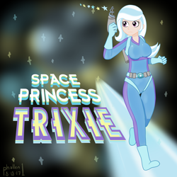 Size: 1500x1500 | Tagged: safe, artist:phallen1, character:trixie, species:human, belt, bodysuit, boots, breasts, busty trixie, clothing, female, gloves, harness, humanized, jetpack, jumpsuit, movie poster, raygun, shoes, solo, tack, wingding eyes