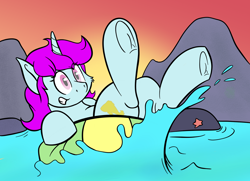 Size: 2000x1450 | Tagged: safe, artist:fleet-wing, artist:koonzypony, oc, oc only, oc:blooming corals, species:pony, species:unicorn, blind, inflatable, inner tube, lake, pool toy, splash, water
