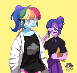 Size: 733x695 | Tagged: safe, artist:dusty-munji, character:rainbow dash, character:twilight sparkle, character:twilight sparkle (scitwi), species:eqg human, my little pony:equestria girls, clipboard, clothing, duo, glasses, goggles, lab coat, multicolored hair, one eye closed, safety goggles, shirt, simple background, smiling, wink, yellow background