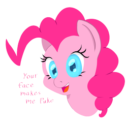 Size: 1016x1017 | Tagged: safe, artist:chromaskunk, artist:trickydick, character:pinkie pie, species:earth pony, species:pony, dialogue, dissonance, dissonant caption, female, out of character, pinkie prick, simple background, solo, transparent background