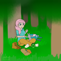 Size: 1500x1500 | Tagged: safe, artist:phallen1, character:fluttershy, species:human, species:rabbit, newbie artist training grounds, air ponyville, atg 2017, backpack, boots, canteen, clothing, eating, female, food, forest, humanized, lettuce, ponytail, sandwich, shoes, sitting, socks, solo