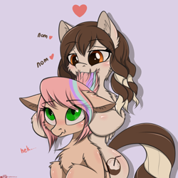 Size: 2000x2000 | Tagged: safe, artist:orang111, oc, oc only, oc:coconut milk, oc:sweet skies, species:pegasus, species:pony, biting, hair bite, shipping, wavy mouth