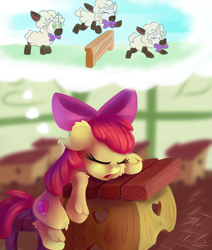 Size: 2000x2359 | Tagged: safe, artist:discorded, character:apple bloom, character:sweetie belle, species:earth pony, species:pony, species:sheep, species:unicorn, newbie artist training grounds, adorabloom, atg 2017, bow, classroom, clothing, costume, counting sheep, cute, desk, dream, female, filly, hair bow, lamb, open mouth, school, sheepie belle, sleeping, sleeping in class, sleeping while sitting, solo, unshorn fetlocks