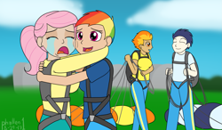 Size: 1889x1104 | Tagged: safe, artist:phallen1, character:fluttershy, character:rainbow dash, character:soarin', character:spitfire, species:human, newbie artist training grounds, air ponyville, alternate hairstyle, atg 2017, crying, eyes closed, female, harness, hug, humanized, male, parachute, ponytail, short hair, tack, younger