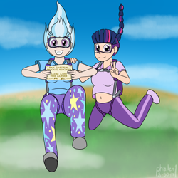 Size: 1500x1500 | Tagged: safe, artist:phallen1, character:trixie, character:twilight sparkle, species:human, newbie artist training grounds, air ponyville, alternate hairstyle, atg 2017, belly button, falling, female, goggles, grin, hand on shoulder, humanized, license, parachute, peace sign, pose, skydiving, smiling