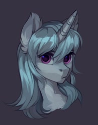 Size: 1495x1913 | Tagged: safe, artist:share dast, oc, oc only, species:pony, species:unicorn, bust, ear fluff, female, mare, portrait, simple background, solo