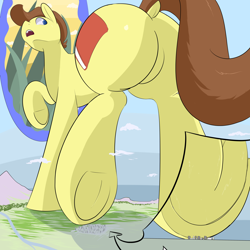 Size: 4000x4000 | Tagged: safe, artist:mrrowboat, oc, oc only, oc:tomson, species:earth pony, species:pony, absurd resolution, city, dock, extra thicc, giant pony, giant/macro earth pony, grass, huge, looking back, macro, male, massive, open mouth, plot, rear view, river, solo, stallion, underhoof