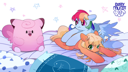 Size: 1416x800 | Tagged: safe, artist:dusty-munji, character:applejack, character:rainbow dash, species:earth pony, species:pegasus, species:pony, :<, clefairy, crossover, female, loose hair, lying down, lying on top of someone, mare, missing accessory, pillow, plushie, pokémon, spread wings, trio, wings