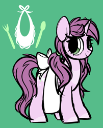 Size: 1492x1843 | Tagged: safe, artist:mulberrytarthorse, oc, oc only, oc:mulberry tart, species:pony, species:unicorn, apron, chubby, clothing, female, mare, solo
