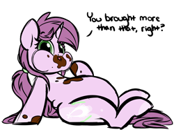 Size: 2100x1603 | Tagged: safe, artist:mulberrytarthorse, oc, oc only, oc:mulberry tart, species:pony, species:unicorn, belly, chubby, female, mare, solo, stuffed, stuffing