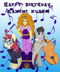 Size: 3567x4232 | Tagged: safe, artist:cyber-murph, character:adagio dazzle, character:moondancer, character:octavia melody, equestria girls:rainbow rocks, g4, my little pony: equestria girls, my little pony:equestria girls, boots, clothing, glasses, happy birthday, jewelry, kazumi evans, pendant, shoes, sweater, tribute, voice actor
