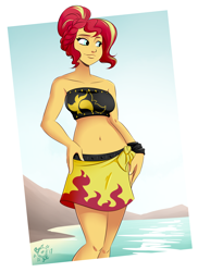 Size: 1696x2328 | Tagged: safe, artist:ponut_joe, character:sunset shimmer, species:human, my little pony:equestria girls, bandeau, beach, belly button, bikini, braid, clothing, cute, doll, equestria girls minis, female, freckles, hair bun, hair up, hand on hip, moe, sarong, skirt, solo, summer, summer sunset, swimsuit, top, toy, wrap skirt