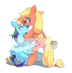 Size: 994x1007 | Tagged: safe, artist:dusty-munji, character:applejack, character:rainbow dash, species:earth pony, species:pegasus, species:pony, ship:appledash, bipedal, blushing, butt touch, duo, eyes closed, feathermarking, female, lesbian, looking back, never doubt tchernobog's involvement, shipping, simple background, watermark, white background
