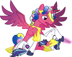 Size: 759x604 | Tagged: safe, artist:rain-approves, artist:starryoak, character:princess cadance, character:shining armor, species:alicorn, species:pony, species:unicorn, gleaming shield, glowing horn, holding, horn, passed out, prince bolero, rule 63, simple background, transparent background