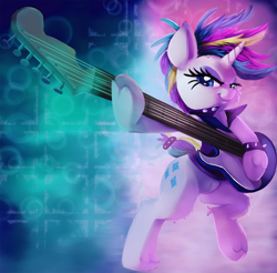 Size: 2000x1967 | Tagged: safe, artist:discorded, character:rarity, species:pony, species:unicorn, episode:it isn't the mane thing about you, g4, my little pony: friendship is magic, abstract background, alternate hairstyle, bad guitar anatomy, bipedal, cheek fluff, clothing, electric guitar, female, guitar, guitarity, hoof hold, leg fluff, looking at you, mare, punk, punk rock, punkity, rock, smiling, solo, three quarter view, unshorn fetlocks