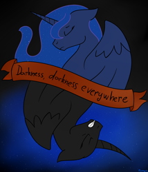 Size: 1830x2140 | Tagged: safe, artist:dyonys, character:nightmare moon, character:princess luna, species:alicorn, species:pony, dark, darkness, depressing, sad, simple background, text