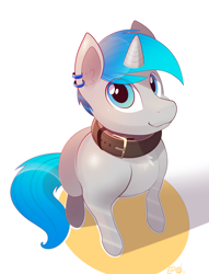 Size: 3003x3940 | Tagged: safe, artist:b-epon, oc, oc only, oc:spiral light, species:pony, species:unicorn, begging, collar, doggo, ear piercing, earring, jewelry, looking at you, looking up, male, perspective, piercing, solo