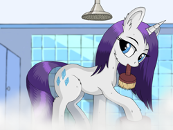 Size: 1200x900 | Tagged: safe, artist:negasun, character:rarity, species:pony, species:unicorn, brush, female, looking at you, mare, mouth hold, shower, solo, wet, wet mane, wet mane rarity