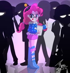 Size: 900x949 | Tagged: safe, artist:bluse, character:pinkie pie, my little pony:equestria girls, alternate hairstyle, boots, clothing, clown, female, high heel boots, makeup, paper, ruff (clothing), sad, sad clown, shoes, show accurate, silhouette, skirt