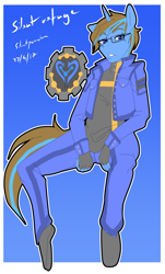 Size: 2073x3432 | Tagged: safe, artist:silentpassion, oc, oc only, oc:silent refuge, ponysona, species:anthro, species:pony, species:unicorn, clothing, glasses, male, sitting, solo