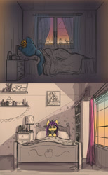 Size: 1610x2611 | Tagged: safe, artist:lunebat, species:pony, comic:clockwise, bed, bedroom, clock, colt, comic, dawn, explicit series, female, furniture, lying on bed, male, mare, morning, morning ponies, phone, sunrise, window