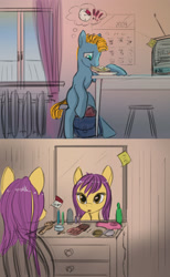 Size: 1610x2611 | Tagged: safe, artist:lunebat, species:pony, comic:clockwise, clock, colt, comic, explicit series, female, furniture, kitchen, male, mare, morning, sticky note, tardy, television, window