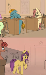 Size: 1610x2611 | Tagged: safe, artist:lunebat, species:pony, comic:clockwise, chalkboard, classroom, clock, colt, comic, explicit series, female, furniture, holding, male, mare, reading, sleeping, sleeping in class, table, university, writing, zzz