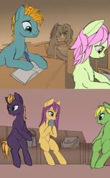Size: 1610x2611 | Tagged: safe, artist:lunebat, species:pony, comic:clockwise, classroom, colt, comic, drinking, explicit series, female, furniture, male, mare, table, tardy, university, writing