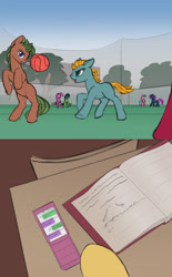 Size: 1610x2594 | Tagged: safe, artist:lunebat, species:pony, comic:clockwise, ball, classroom, colt, comic, explicit series, female, furniture, male, mare, phone, running, table, university