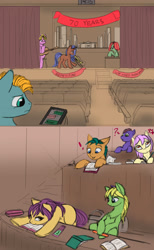 Size: 1610x2611 | Tagged: safe, artist:lunebat, species:pony, comic:clockwise, bored, classroom, colt, comic, explicit series, eyes on the prize, female, furniture, lecture, male, mare, musical instrument, phone, repetition, table, university