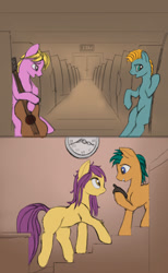 Size: 1610x2611 | Tagged: safe, artist:lunebat, species:pony, comic:clockwise, classroom, clock, colt, comic, explicit series, female, furniture, male, mare, musical instrument, phone, sitting, table, university