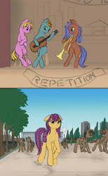 Size: 1610x2611 | Tagged: safe, artist:lunebat, species:pony, comic:clockwise, colt, comic, explicit series, female, male, mare, musical instrument, sitting, tired, trumpet, university