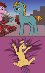 Size: 1610x2611 | Tagged: safe, artist:lunebat, species:pony, comic:clockwise, buying, colt, comic, explicit series, female, flower, lying down, lying on bed, male, mare, on back