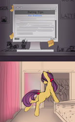 Size: 1610x2611 | Tagged: safe, artist:lunebat, species:pony, comic:clockwise, bedroom, comic, explicit series, female, furniture, internet, mare, mirror, monitor, sticky note, table