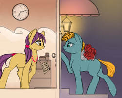 Size: 1610x1298 | Tagged: safe, artist:lunebat, species:pony, comic:clockwise, clock, colt, comic, door, evening, explicit series, female, flower, furniture, lamp, love, loving gaze, male, mare, note, stairs