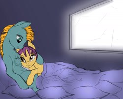 Size: 1610x1298 | Tagged: safe, artist:lunebat, species:pony, comic:clockwise, colt, comic, couple, explicit series, female, furniture, hug, love, loving gaze, lying down, male, mare, pillow, snuggling, television