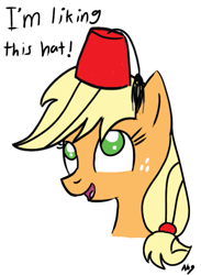 Size: 549x750 | Tagged: safe, artist:datahmedz, character:applejack, species:pony, accessory swap, bust, clothing, female, fez, hat, no pupils, open mouth, portrait, silly, silly pony, simple background, solo, white background