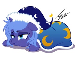 Size: 740x592 | Tagged: safe, artist:bluse, character:princess luna, species:alicorn, species:pony, blanket, clothing, cute, female, filly, floppy ears, hat, mare, morning ponies, nightcap, s1 luna, signature, simple background, solo, tired, white background, woona, younger