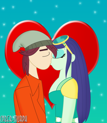 Size: 2351x2687 | Tagged: safe, artist:cyber-murph, character:blueberry cake, character:normal norman, ship:normalcake, my little pony:equestria girls, background human, beanie, blueberry cake, clothing, couple, eyes closed, female, hat, heart, kissing, love, male, shipping, signature, straight, sunglasses