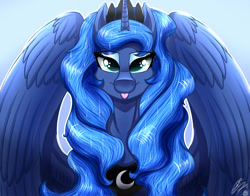Size: 3500x2750 | Tagged: safe, artist:nexcoyotlgt, character:princess luna, species:alicorn, species:pony, cute, female, high res, looking at you, lunabetes, mare, signature, silly, silly pony, smiling, solo, tongue out