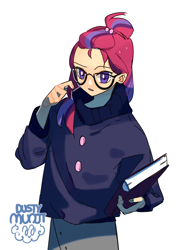 Size: 608x849 | Tagged: safe, artist:dusty-munji, character:moondancer, species:human, book, clothing, female, glasses, humanized, simple background, solo, sweater