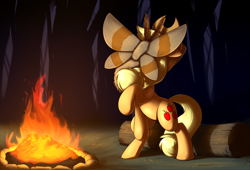 Size: 2340x1592 | Tagged: safe, artist:otakuap, character:applejack, oc, oc:fluffy the bringer of darkness, species:earth pony, species:pony, animal, applejack's hat, bonfire, campfire, clothing, covering, cowboy hat, facemoth, female, fire, giant insect, giant moth, hat, insect, log, mare, moth, raised hoof, rearing, remake