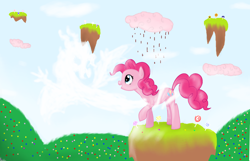 Size: 6280x4056 | Tagged: safe, artist:mr100dragon100, character:pinkie pie, absurd resolution, candy, chocolate, chocolate rain, cloud, cotton candy, cotton candy cloud, female, floating island, food, happy, rain, smiling, solo