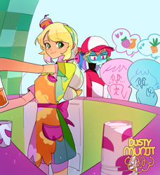 Size: 1093x1200 | Tagged: safe, artist:dusty-munji, character:applejack, character:rainbow dash, ship:appledash, episode:epic fails, episode:shake things up!, eqg summertime shorts, g4, my little pony: equestria girls, my little pony:equestria girls, clothing, female, food, lesbian, shipping, smiling