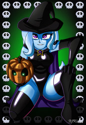 Size: 1000x1444 | Tagged: safe, artist:xjkenny, character:trixie, my little pony:equestria girls, boots, clothing, female, gloves, halloween, holiday, jack-o-lantern, leotard, long gloves, pumpkin, shoes, solo, thigh boots, witch