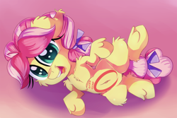 Size: 2000x1339 | Tagged: safe, artist:discorded, character:kettle corn, episode:marks and recreation, g4, my little pony: friendship is magic, belly button, cute, female, filly, hnnng, imminent belly rub, kettlebetes, open mouth, smiling, solo